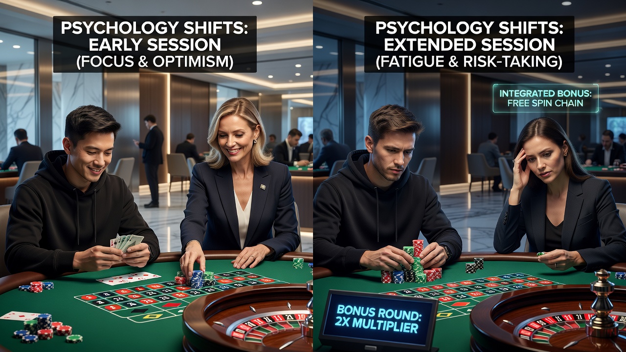 Players engaged in extended poker and roulette sessions highlighting bonus usage and psychological indicators